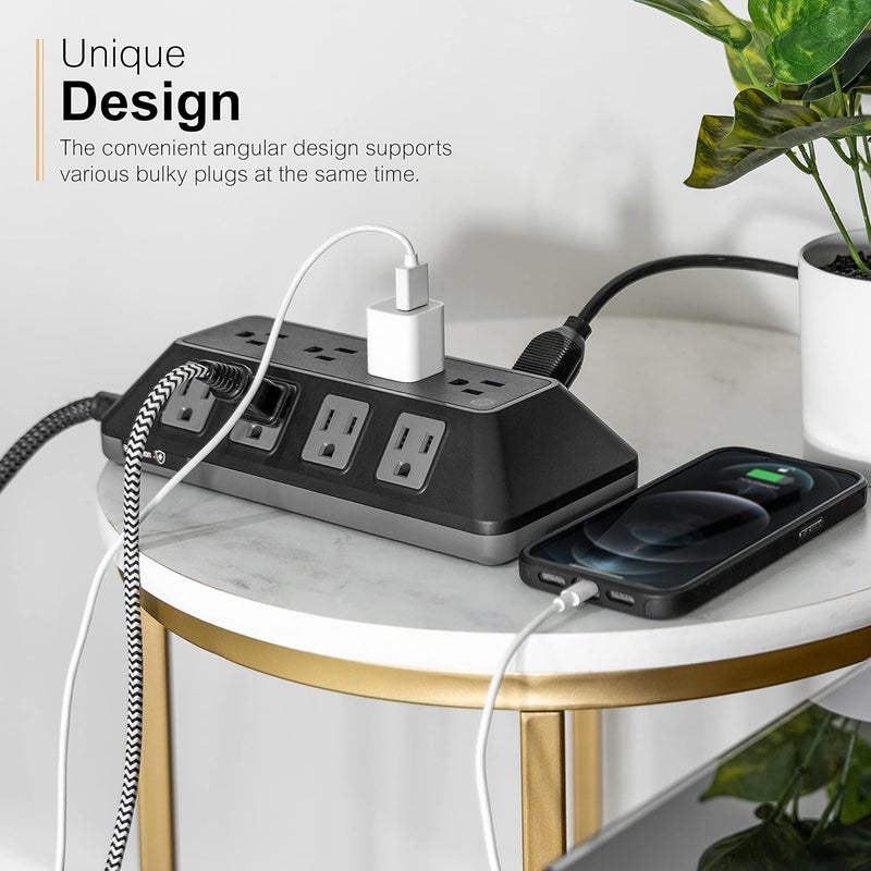 GE UltraPro Adapt 12-Outlet Surge Protector, 6ft Braided Heavy Duty Extension Cord, Flat Plug Power Strip, 3540 Joules, Black, 74542 - Image 4